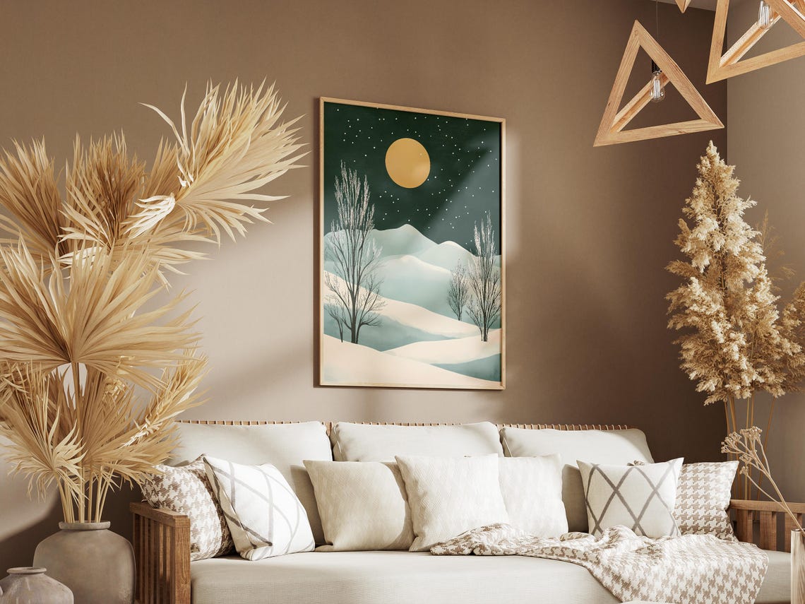 Minimalist Moonlit Snowy Hills Under Golden Moon Night Poster - Image 3