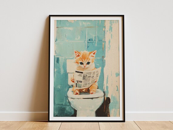 Funny Orange Kitten Reading Newspaper on Toilet Bathroom Poster