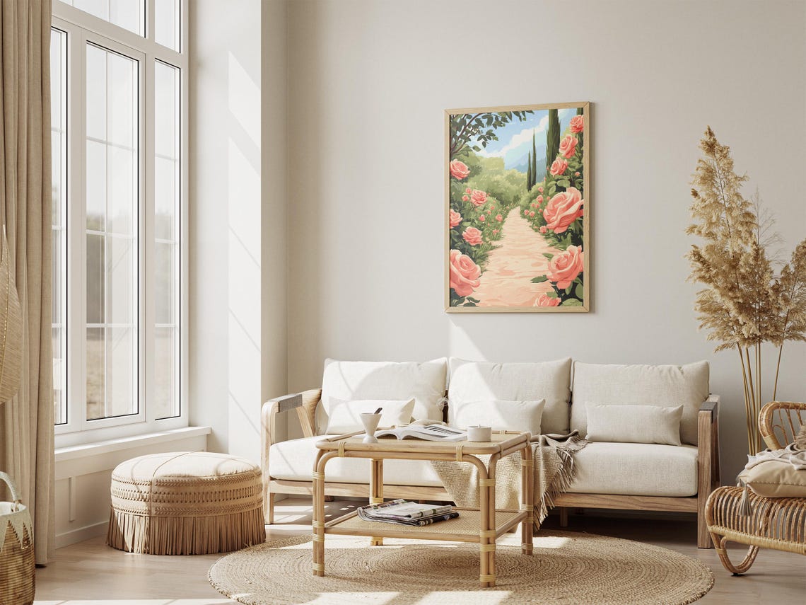 Pink Rose Garden Pathway With Cypress Trees Italian Garden Poster - Image 4