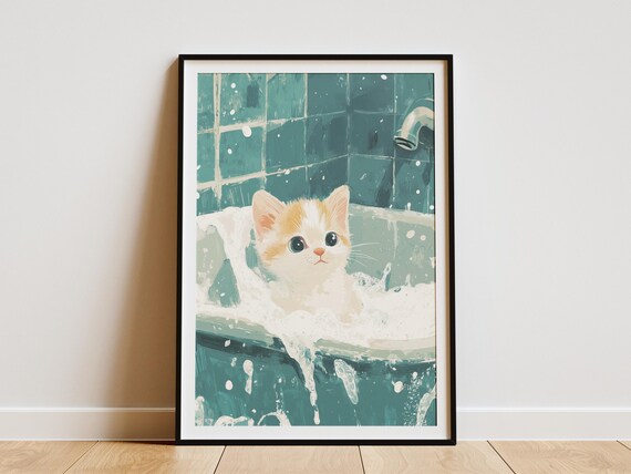 White Ginger Kitten in Foamy Tub Teal Tiles Sweet Art Poster