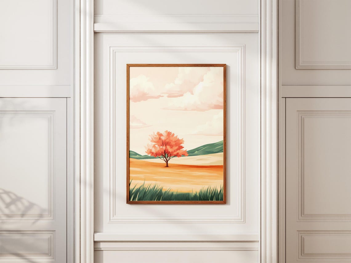 Solitary Orange Blossom Tree In Golden Field Landscape Poster - Image 2