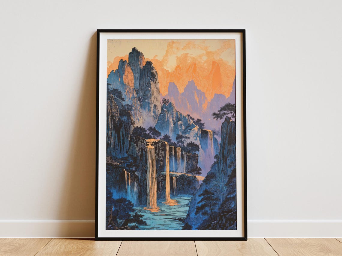 Sunset Waterfalls and Jagged Mountain Peaks Japanese Art Poster