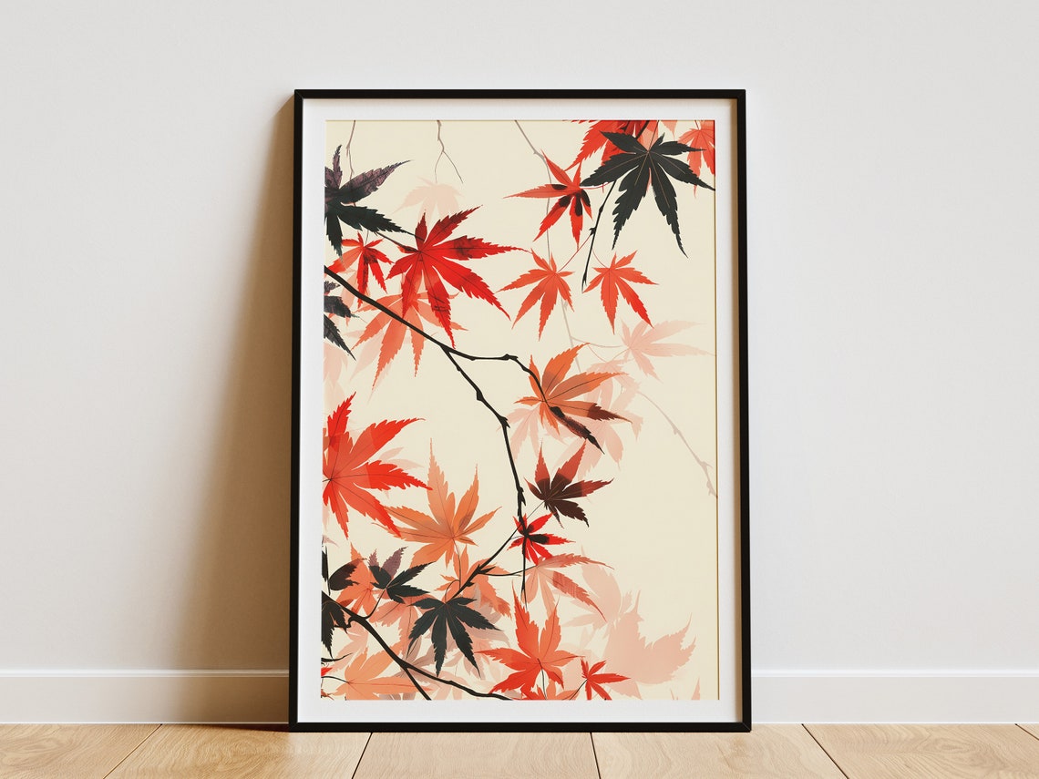 Japanese Maple Leaves Autumn Red Black Minimalist Botanical Print