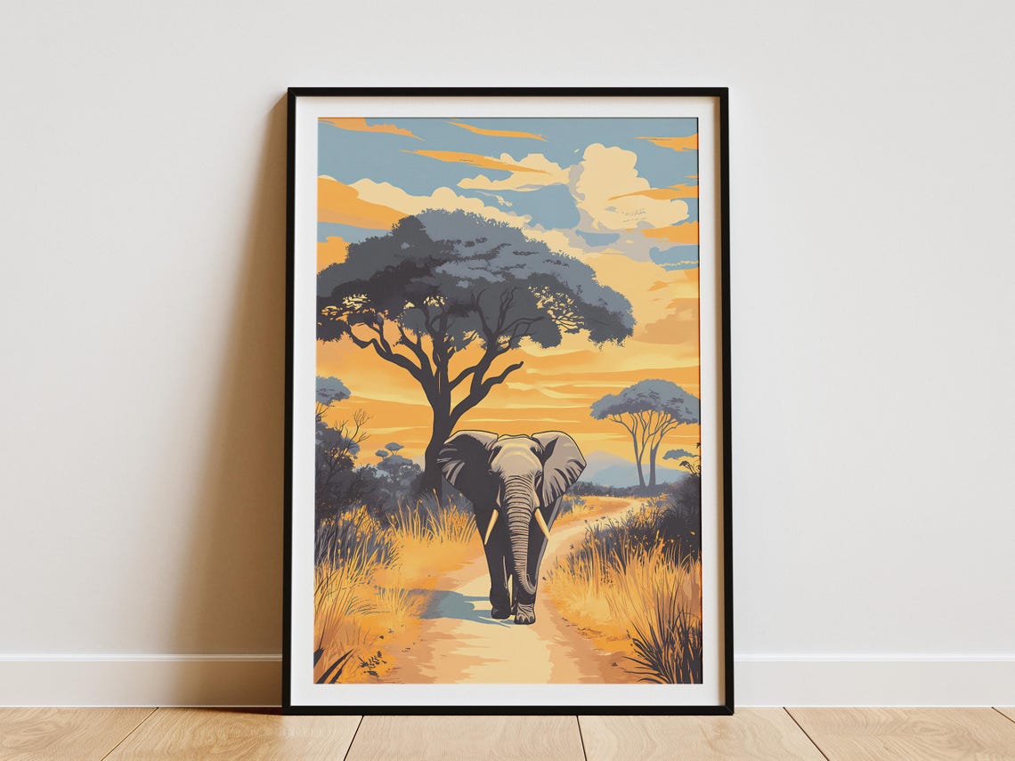 Zambia Elephant Poster African Safari Print South Luangwa National Park Illustration Vintage Travel Poster Wildlife Art Animal Poster