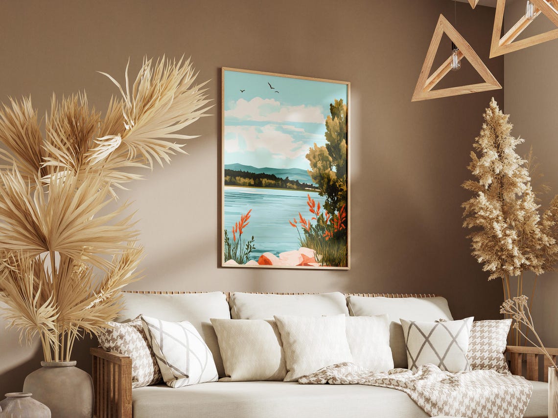Lakeside Meadow With Red Grasses And Soaring Birds Landscape Poster - Image 3