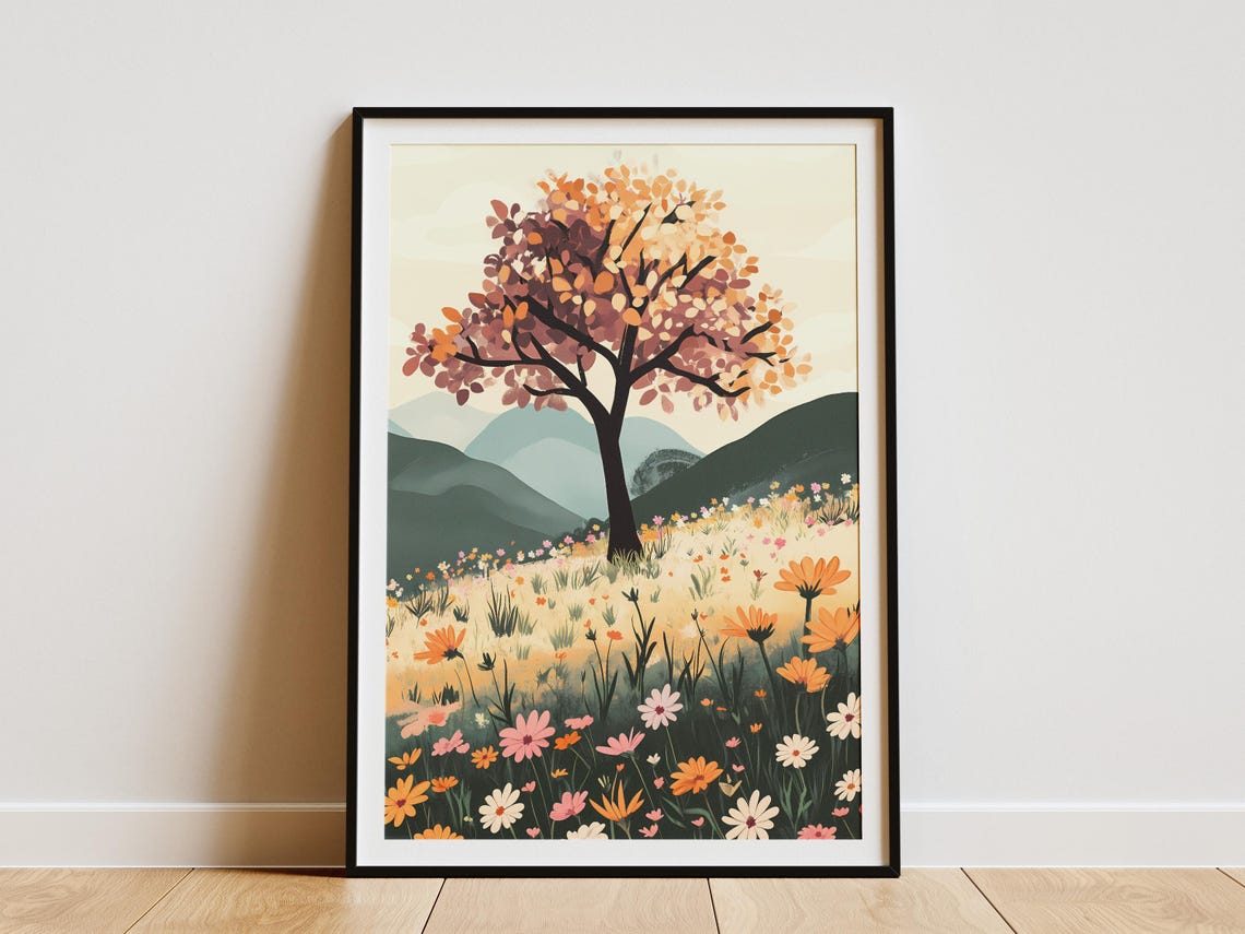 Lone Autumn Tree in an Orange Wildflower Meadow Hills Art Poster