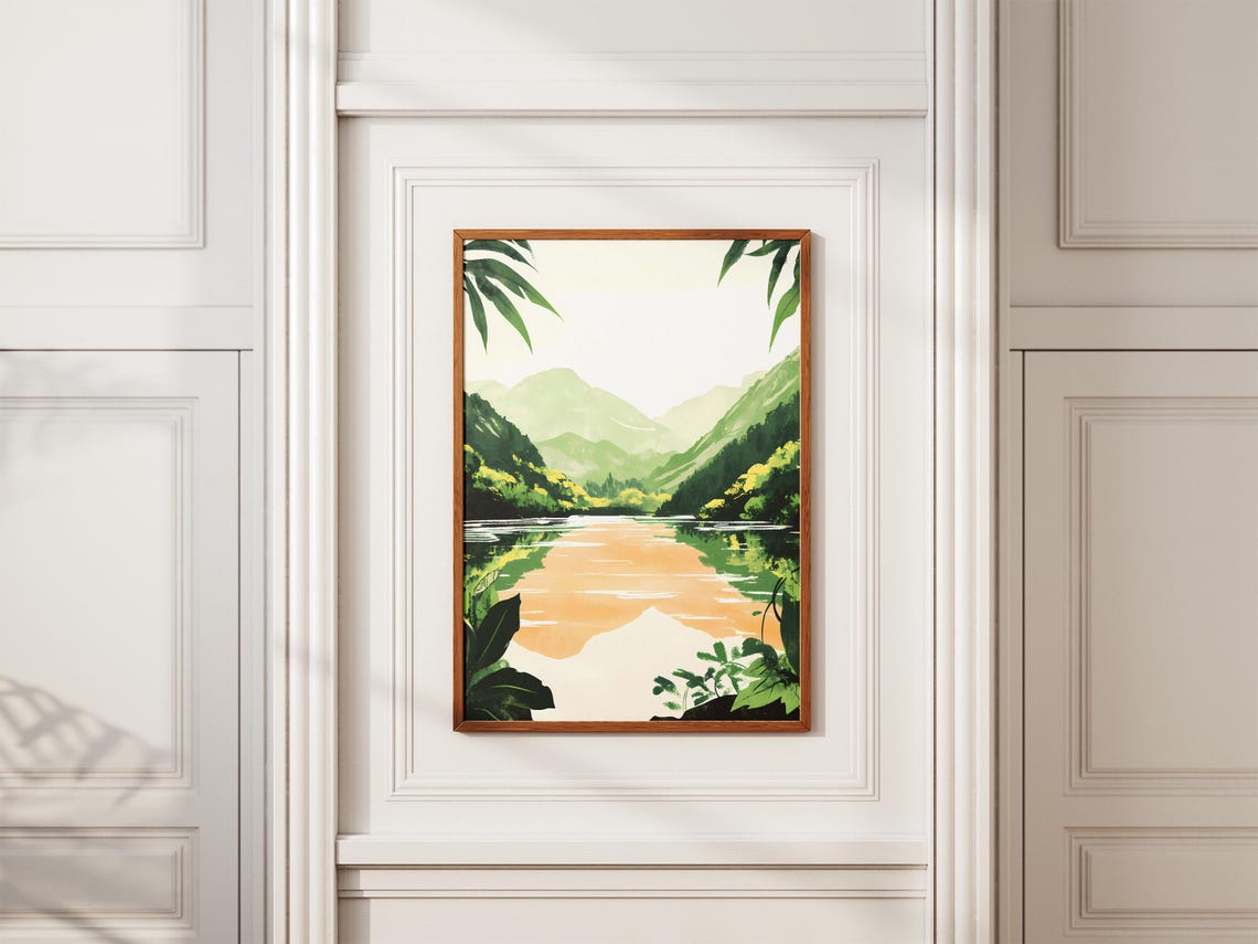 Emerald Mountain Lake Mirroring a Peach Sunset Sky Art Poster - Image 2