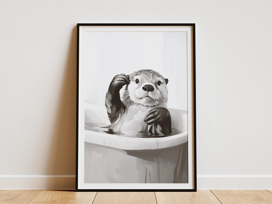 Sea Otter Bubble Bath Minimalist Black and White Animal Poster