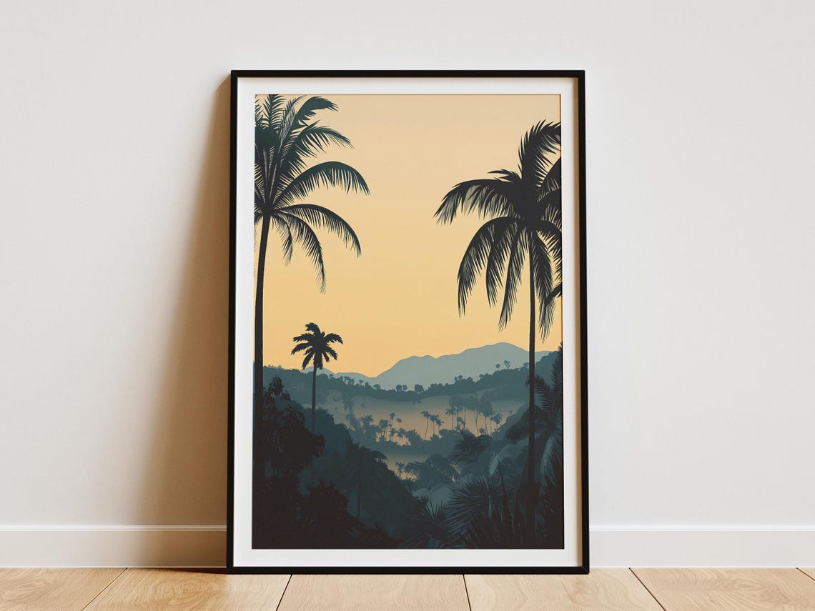 Gabon National Park Palm Silhouettes Dusk Misty Valley Poster