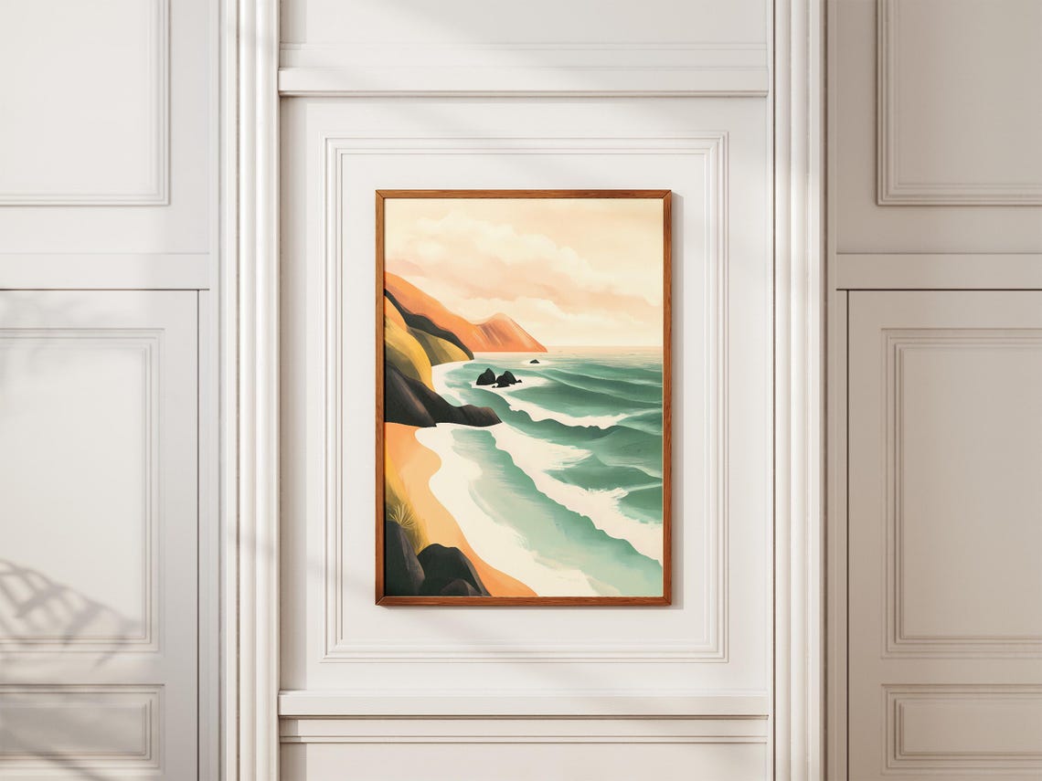 Teal Coastal Waves Rolling Onto a Sandy Beach Beneath Cliffs Poster - Image 2