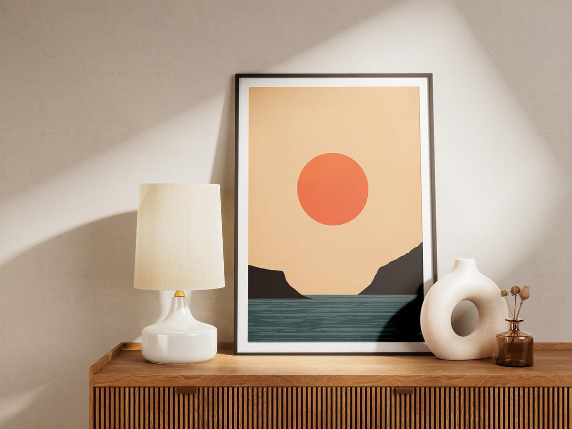 Orange Sun Between Sea Cliffs Minimalist Coastal Sunset Poster - Image 5