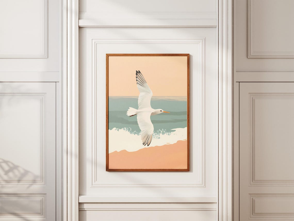 Seagull Gliding Over Calm Ocean Waves Minimalist Beach Art Poster - Image 2