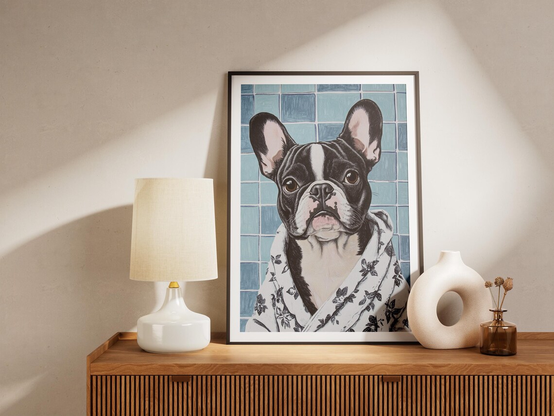 French Bulldog Puppy in Floral Robe Cute Bathroom Decor Poster - Image 4