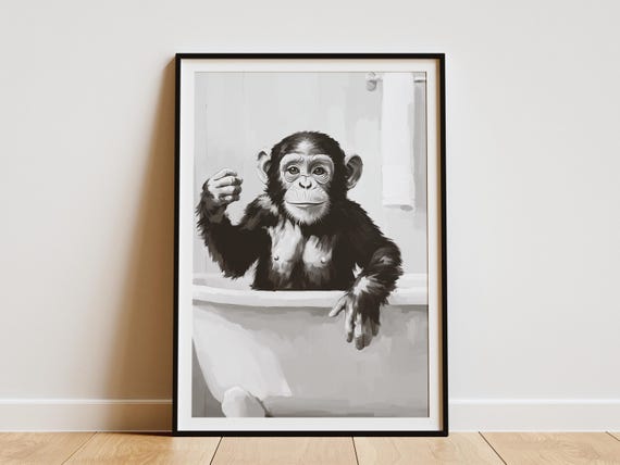 Chimpanzee Bathtub Poster Funny Bathroom Wall Art Animal Print Quirky Home Decor Monkey Bubble Bath Chimp Humor