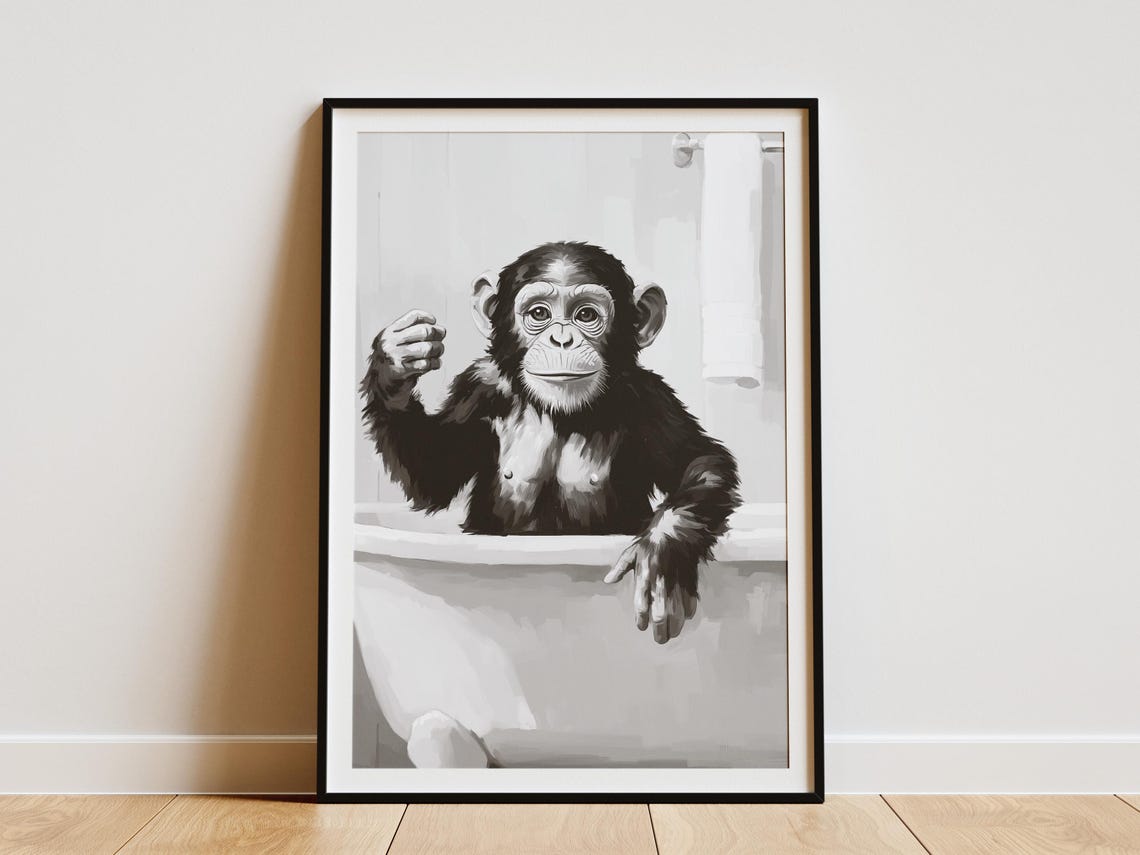 Chimpanzee Bathtub Poster Funny Bathroom Wall Art Animal Print Quirky Home Decor Monkey Bubble Bath Chimp Humor