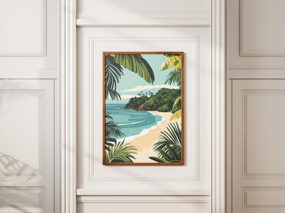 Tropical Cove Beach Palm Fronds Rocky Headland Summer Poster - Image 2