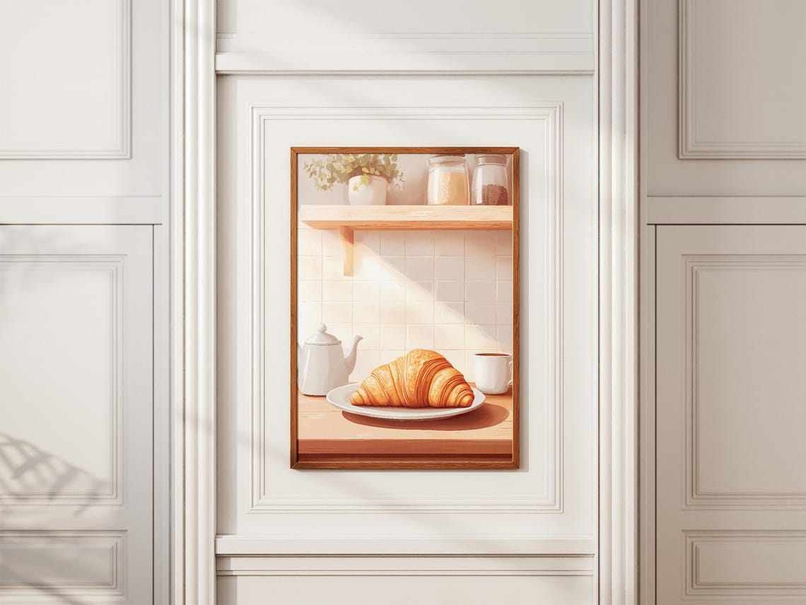 Golden Croissant With Teapot And Coffee Cozy Kitchen Art Poster - Image 2