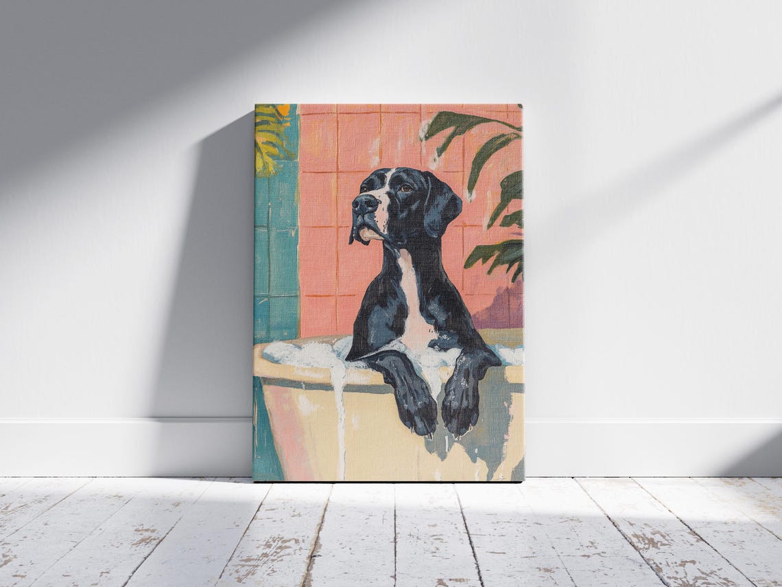 Black and White Great Dane in Foamy Tub Tropical Dog Art Poster - Image 2