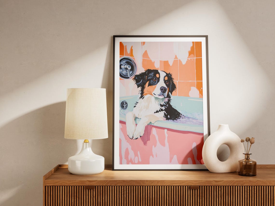Australian Shepherd in Pink Bathtub Bubble Bath Cute Dog Art Poster - Image 4