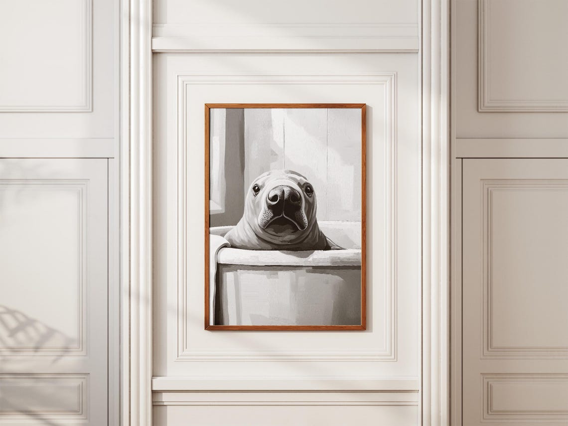 Manatee In Bathtub Poster Funny Sea Cow Bathroom Wall Decor Art - Image 2