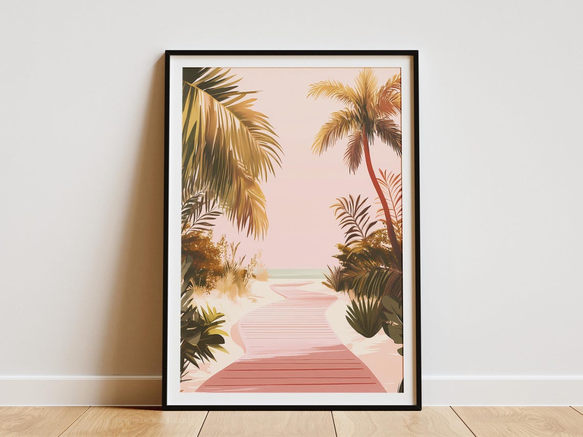 Pink Boardwalk Through Palm Trees to the Sea Sunset Coastal Wall Art