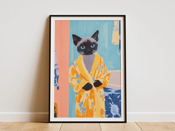 Siamese Kitten Art Print Baby Cat In Bathrobe Poster Bathroom Wall Decor Cute Animal Pet Portrait Funny Unique Gift