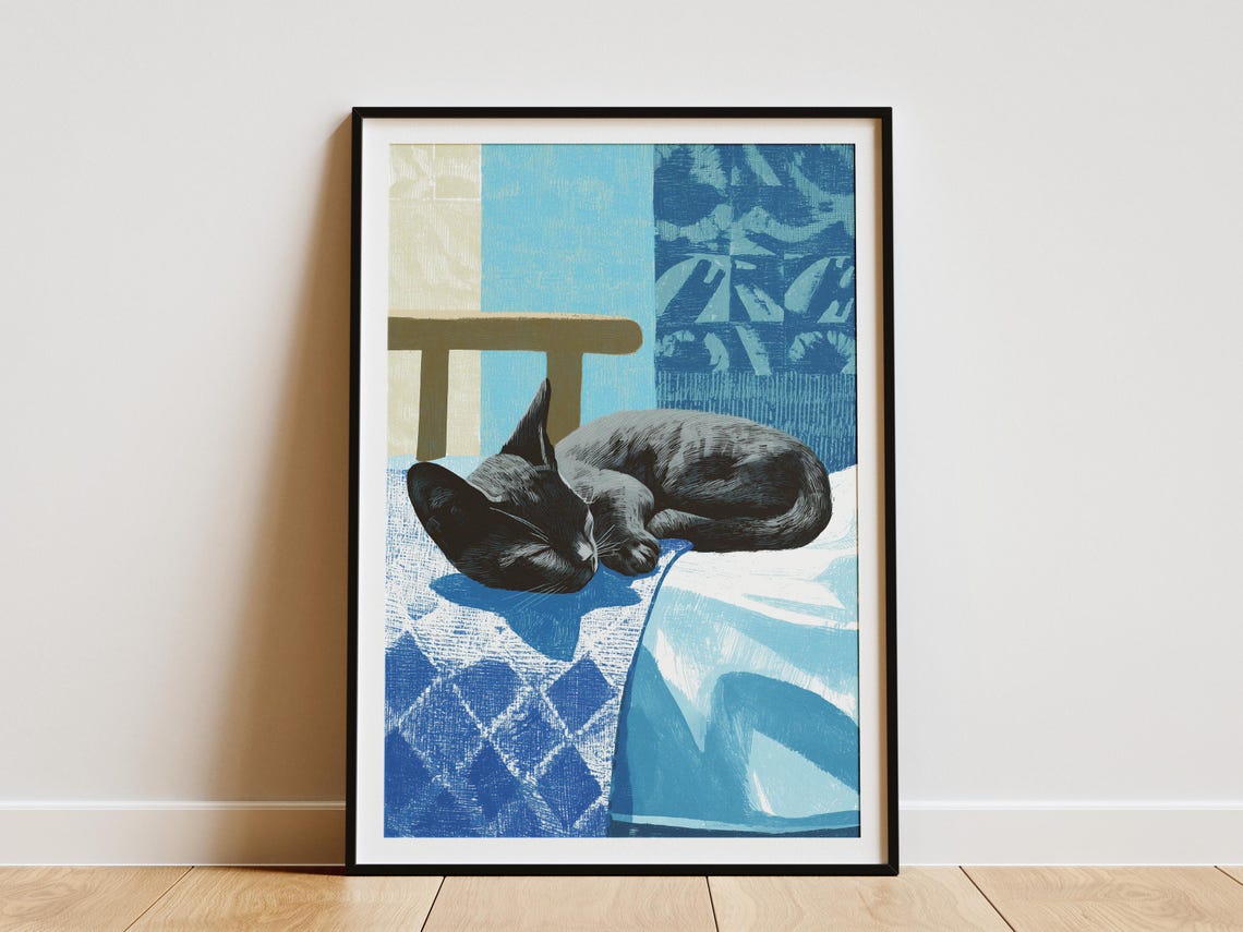 Sleeping Gray Kitten Blue Blanket Cozy Matisse Style Gouache Poster