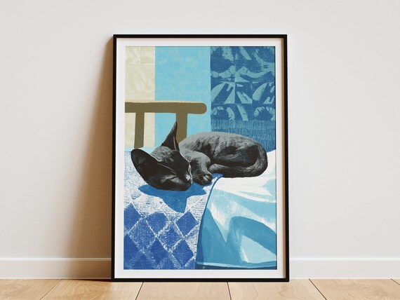 Sleeping Gray Kitten Blue Blanket Cozy Matisse Style Gouache Poster