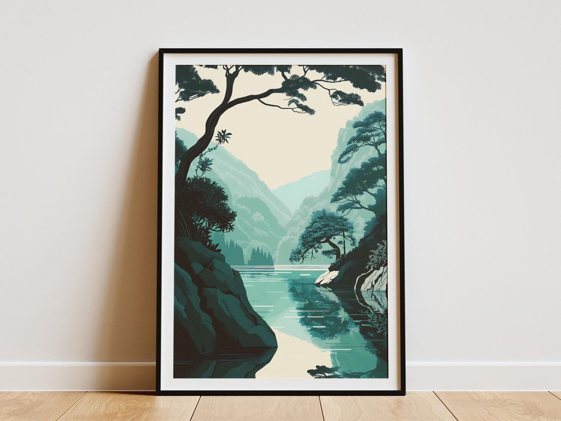 Yakushima Island Japan Teal Gorge River Pine Branches Poster