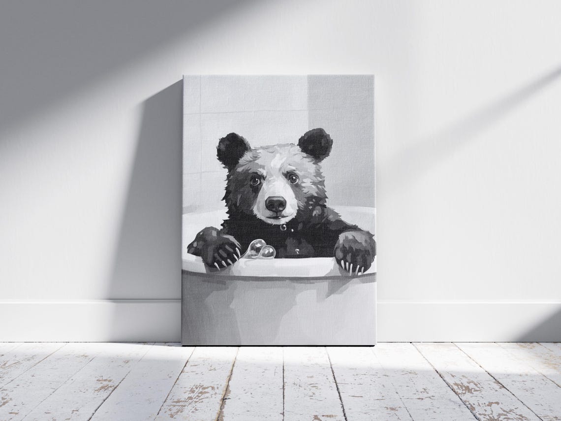 Bear In Bathtub Poster Animal Art Print Funny Bathroom Decor Wall Nursery Minimalist Black And White - Image 2