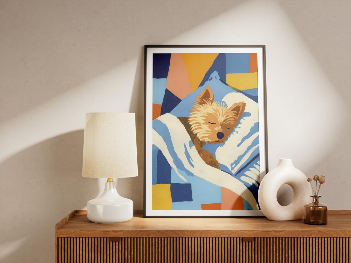 Yorkshire Terrier Puppy Sleeping on Blue Bed Geometric Art Poster - Image 4