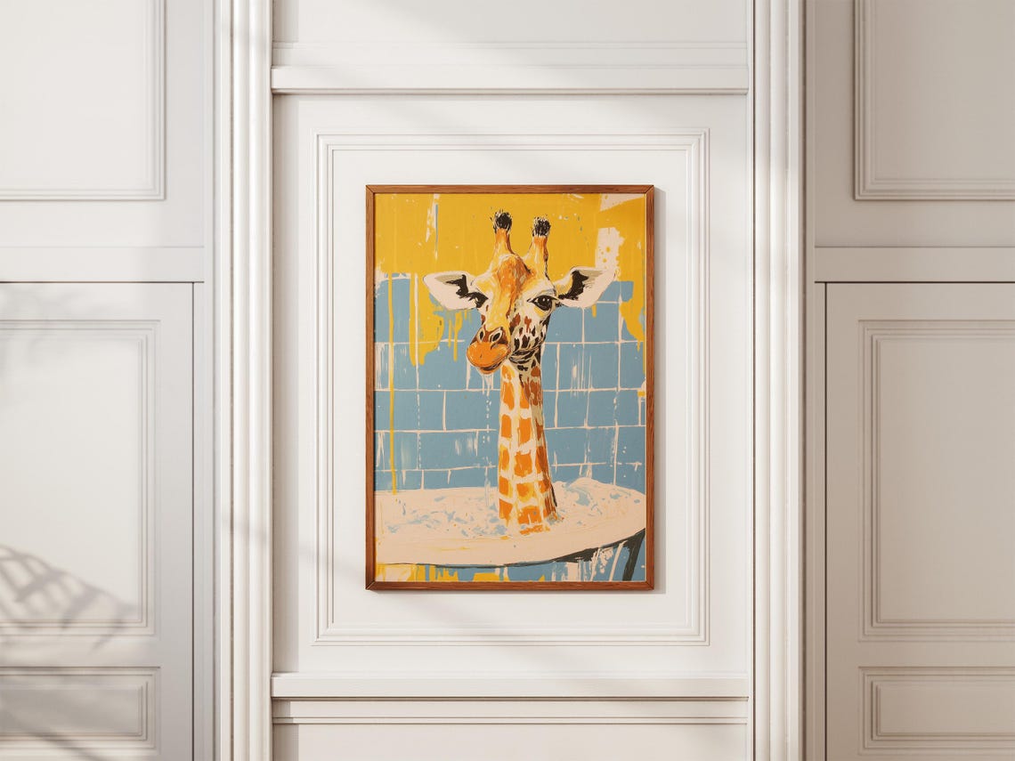 Whimsical Giraffe In Bathtub Yellow Blue Graphic Bathroom Poster - Image 2