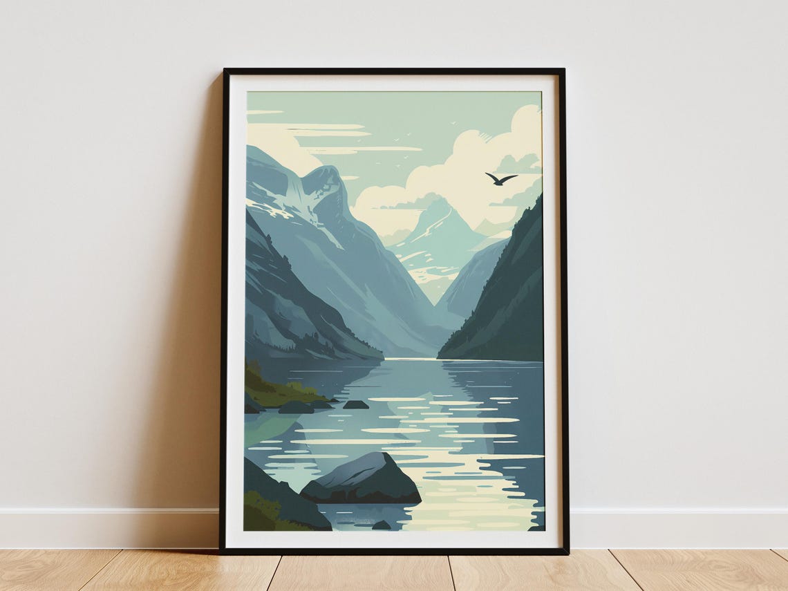 Norway Fjord Mountains Calm Water Minimalist Scandinavian Art Poster