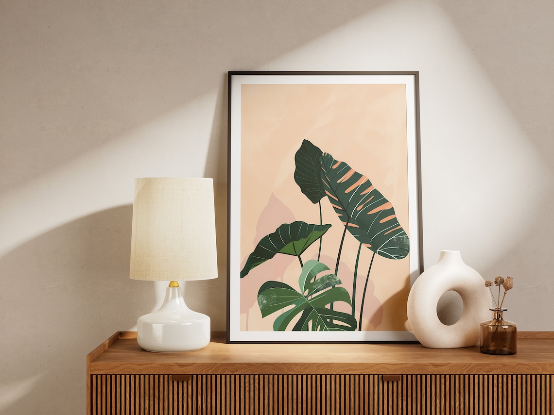 Monstera Leaves Blush Cream Minimalist Green Botanical Poster - Image 2