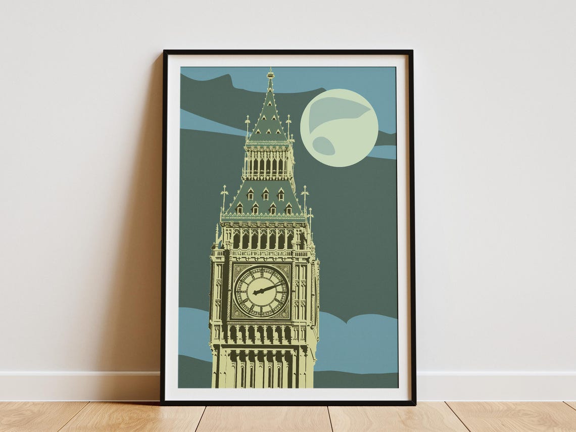 Big Ben London Under Moonlight Geometric Cityscape Travel Art Poster