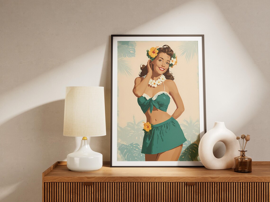 Vintage Hula Girl Retro Pin Up Tropical Flower Lei Art Poster - Image 4
