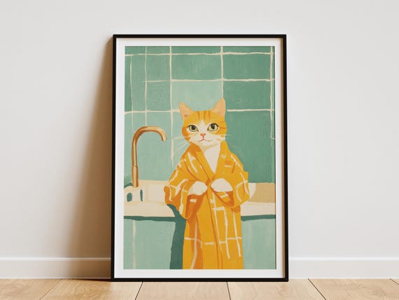 Scottish Fold Cat Art Print Bathroom Wall Decor Funny Poster Orange Tabby Pet Portrait In Robe Animal Lover Gift Unique