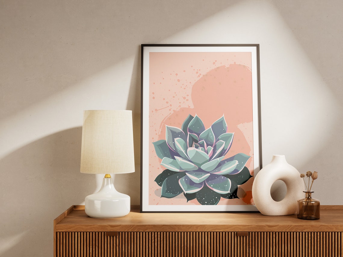 Blue Green Succulent Rosette Blush Pink Botanical Art Poster - Image 2