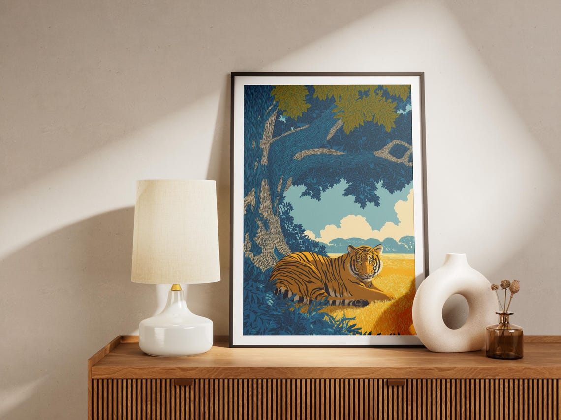Majestic Tiger Resting Under Banyan Tree Vintage Travel Art Poster - Image 4