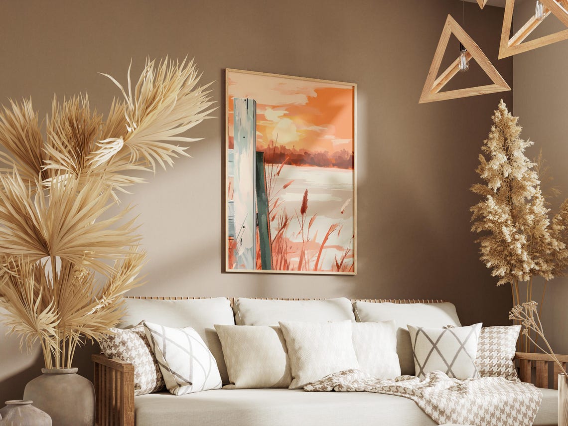 Sunset Over a Calm Lake with Wooden Posts and Reeds Art Poster - Image 3