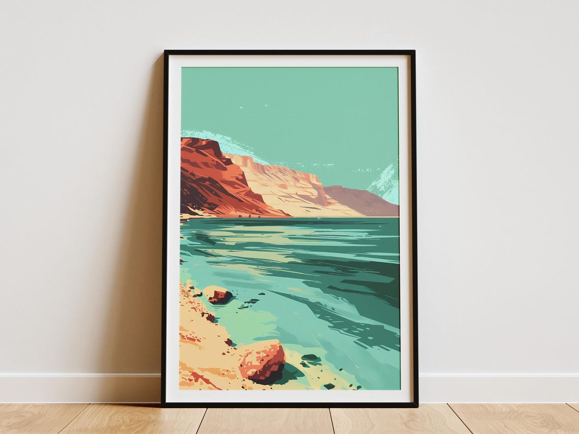 Dead Sea Jordan Turquoise Water Red Cliffs Shore Travel Poster