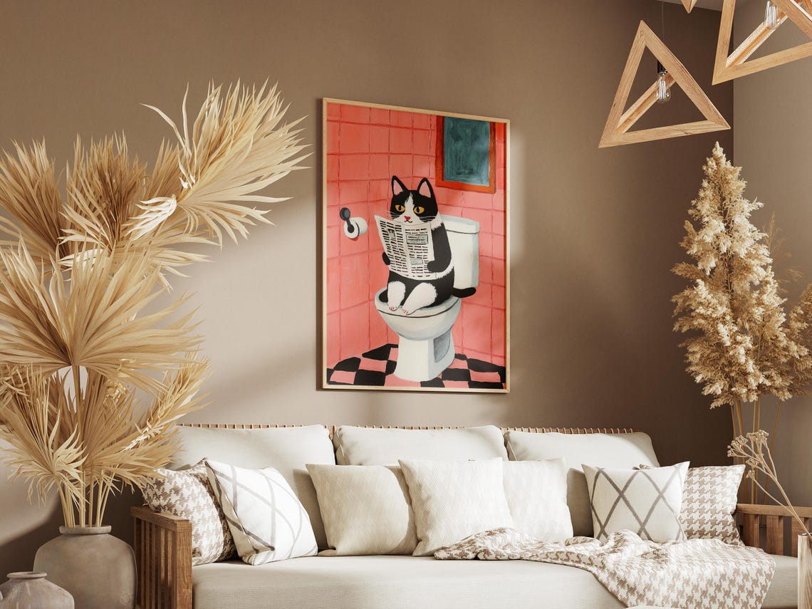 Tuxedo Cat Reading Newspaper on Toilet Pink Bathroom Art Poster - Image 3