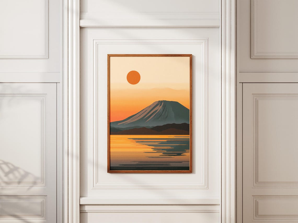 Mount Fuji Japan Sunset with Blazing Orange Sun Over Lake Poster - Image 2