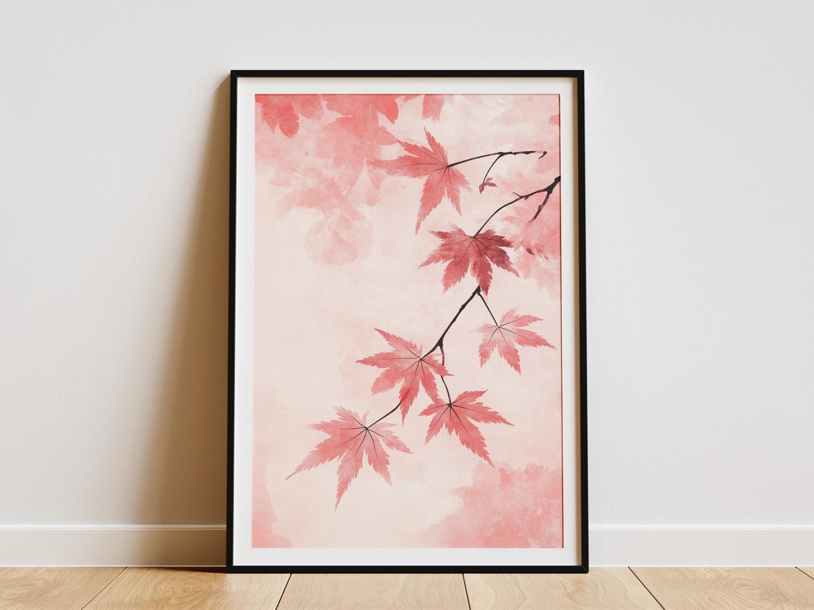 Red Japanese Maple Leaves Branch Pink Watercolor Botanical Poster