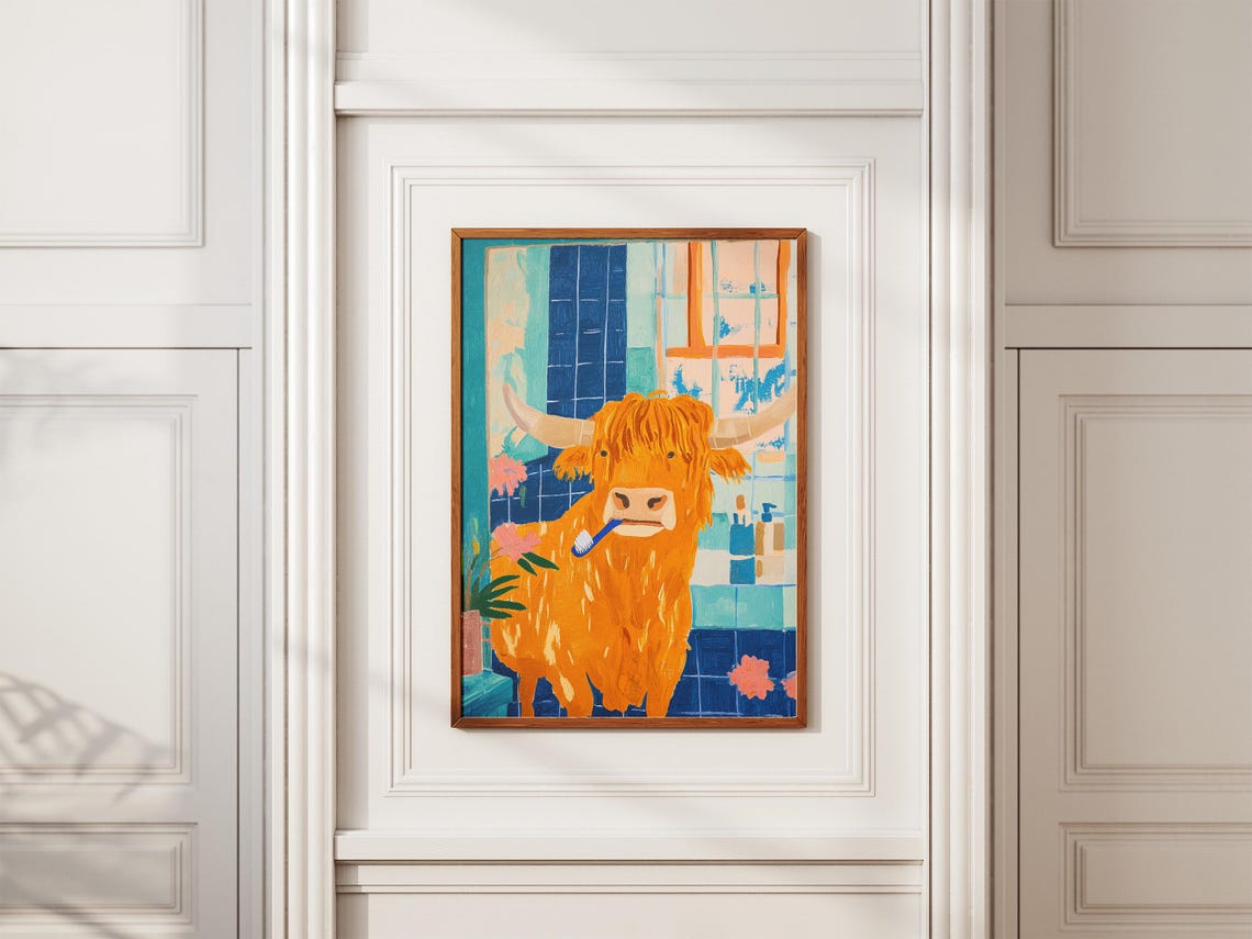 Fluffy Highland Cow Brushing Teeth Blue Tiled Bathroom Poster - Image 2