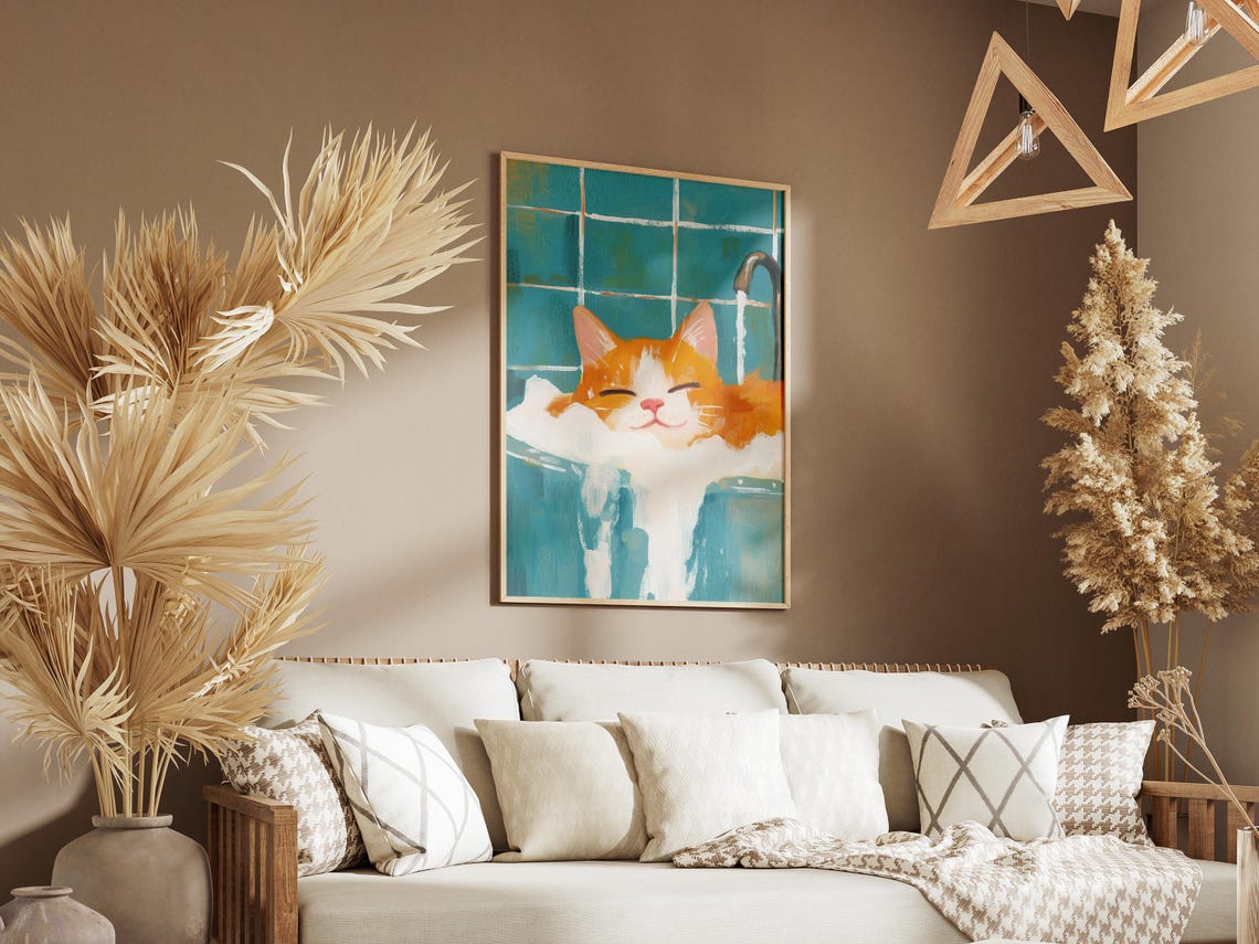 Blissful Ginger Cat Soaking in Teal Bubble Bath Cozy Art Poster - Image 3
