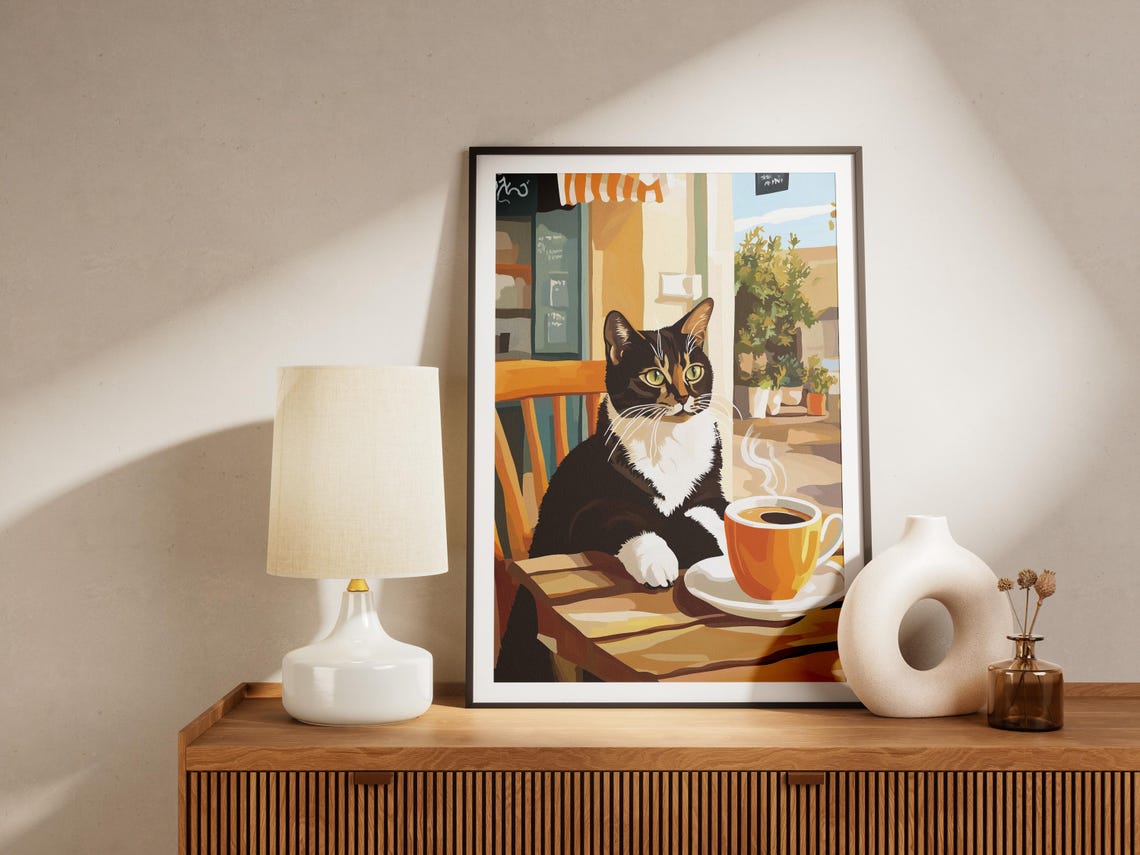 Tuxedo Cat Coffee Lover Poster Whimsical Cafe Cat Wall Decor - Image 4