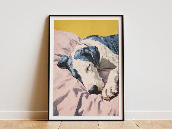 Great Dane Sleeping on a Pink Pillow Against a Mustard Yellow Art Poster