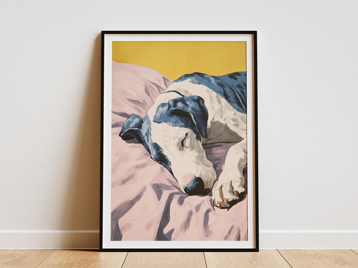 Great Dane Sleeping on a Pink Pillow Against a Mustard Yellow Art Poster