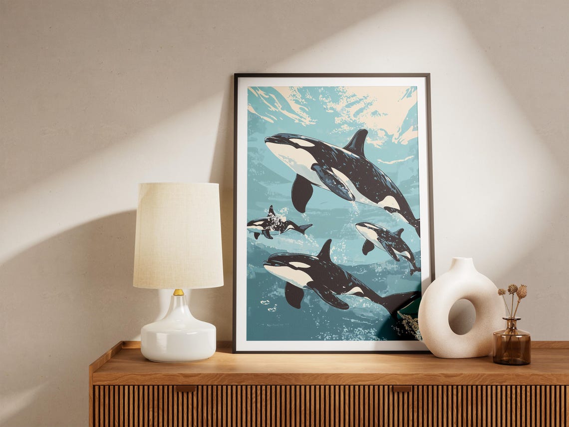Pod of Four Orca Whales Swimming in Turquoise Ocean Water Poster - Image 5